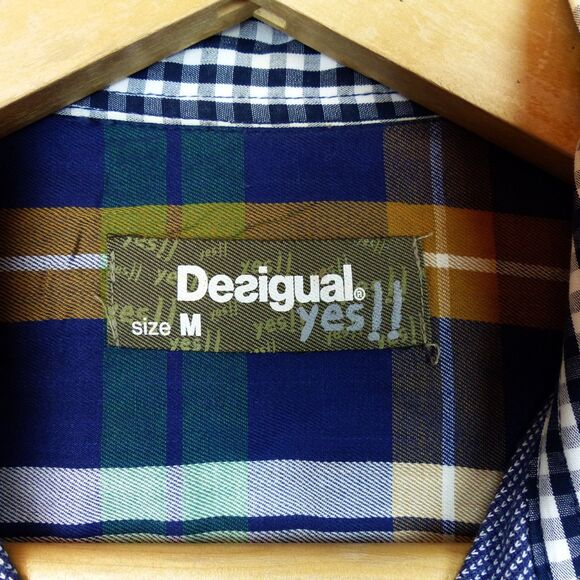 Desigual Shirt Mens M Patchwork Plaid Gingham Mixed Print Button Retro Preppy - Picture 10 of 15
